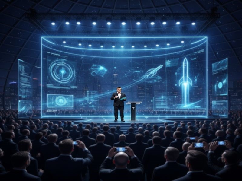 Elon Musk at Tesla event discussing future innovation and trillionaire potential