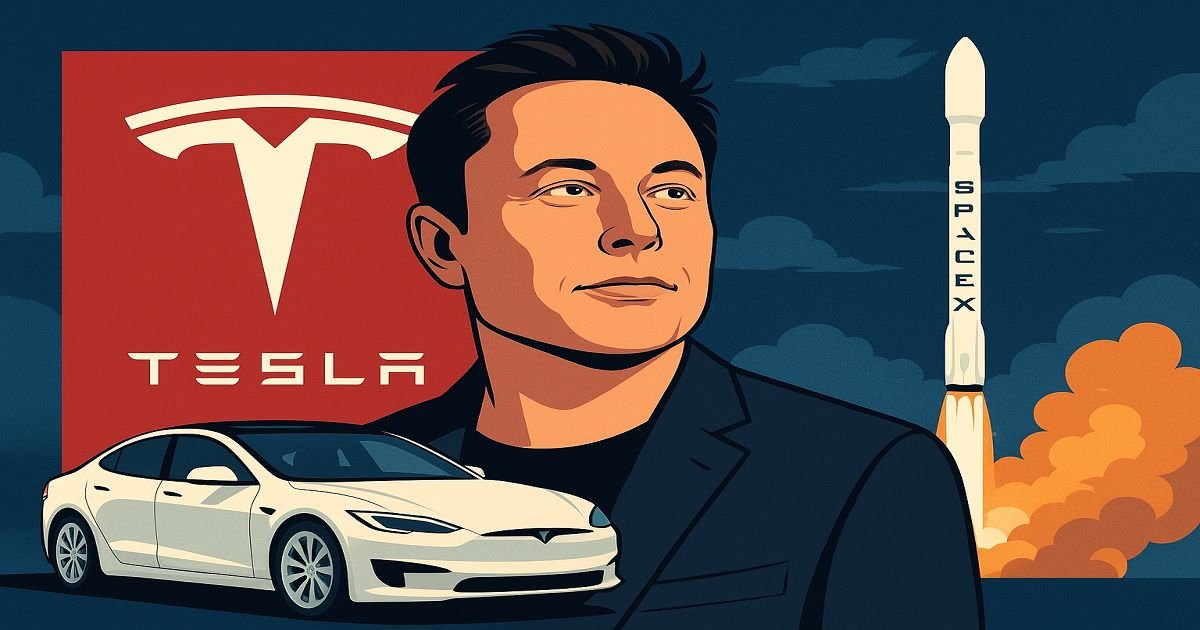 Elon Musk illustration with Tesla and SpaceX themes
